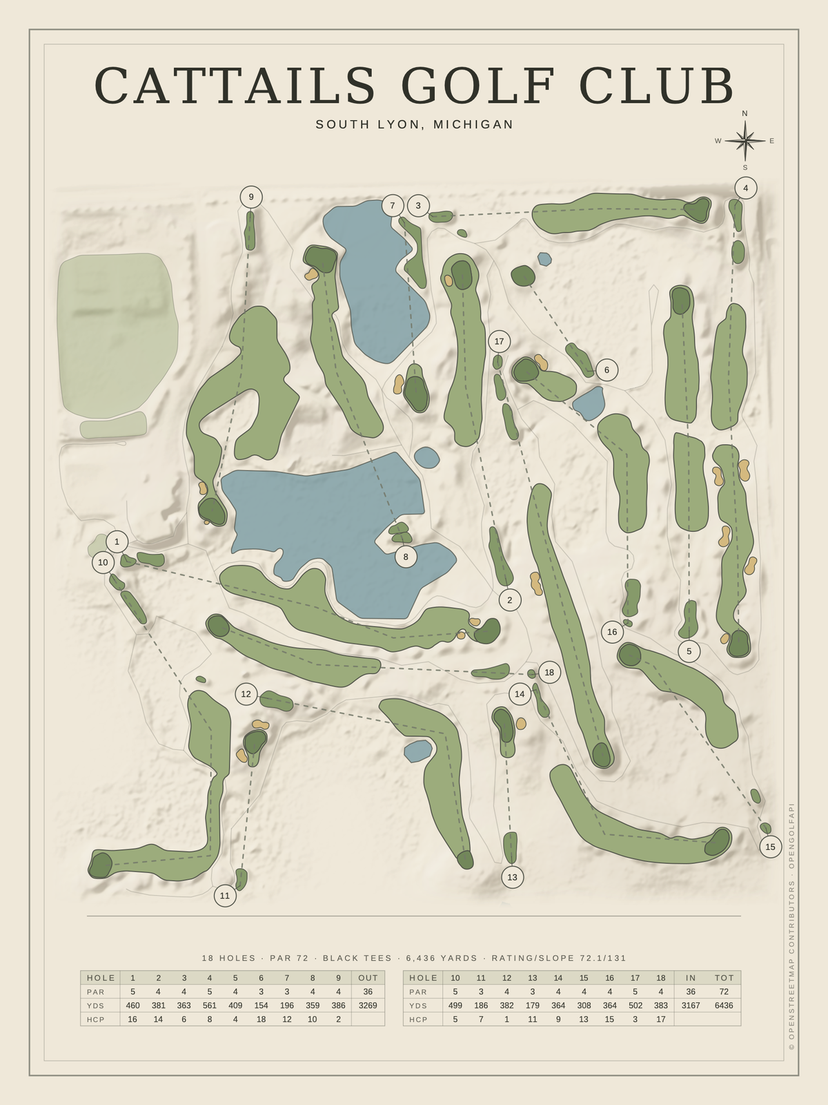 Cattails Golf Club course map poster, Classic style, 12×16 / 18×24