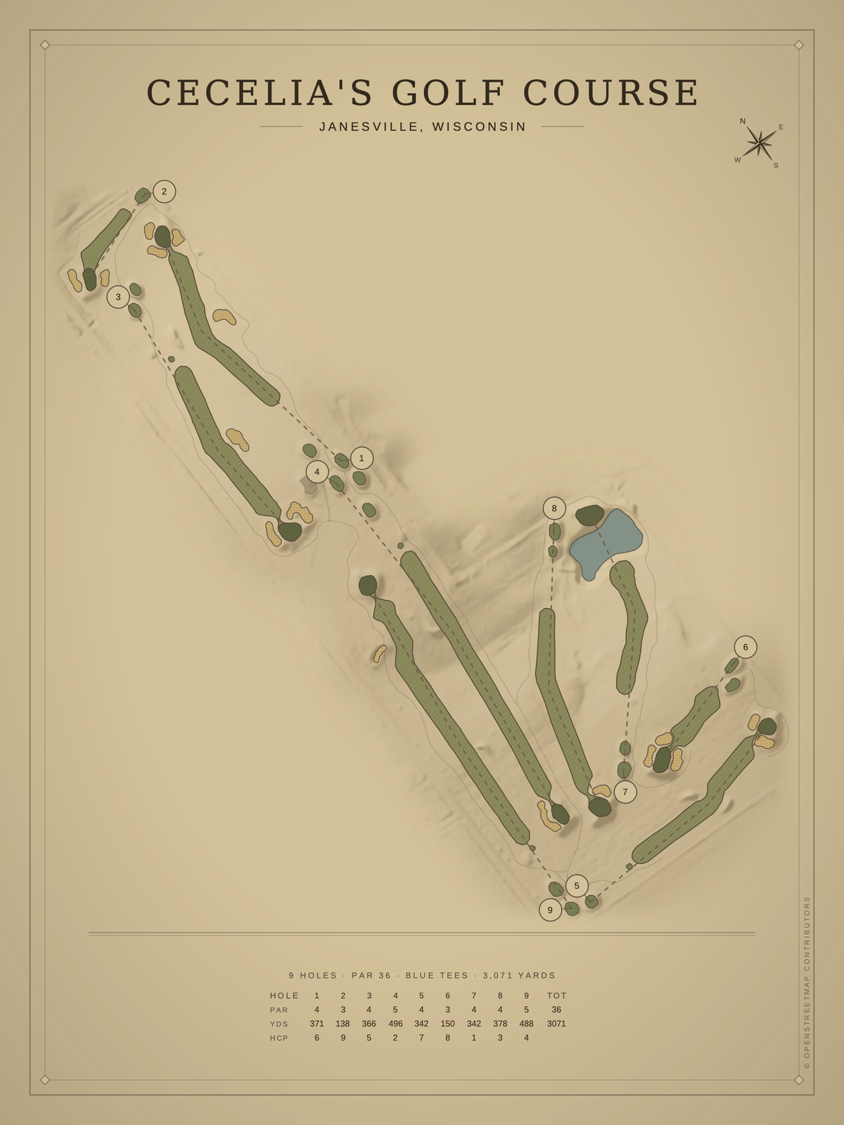 CeCelia's Golf Course map poster, Vintage style, 12×16 / 18×24