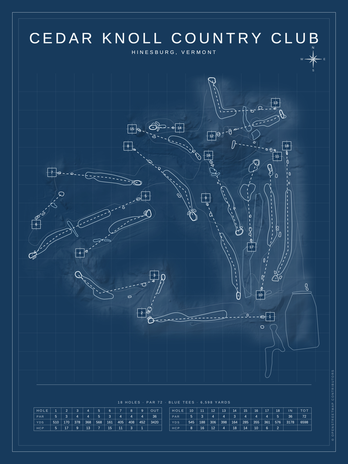 Cedar Knoll Country Club course map poster, Blueprint style, 12×16 / 18×24