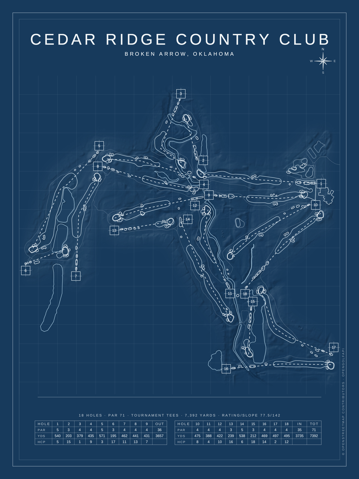 Cedar Ridge Country Club course map poster, Blueprint style, 12×16 / 18×24