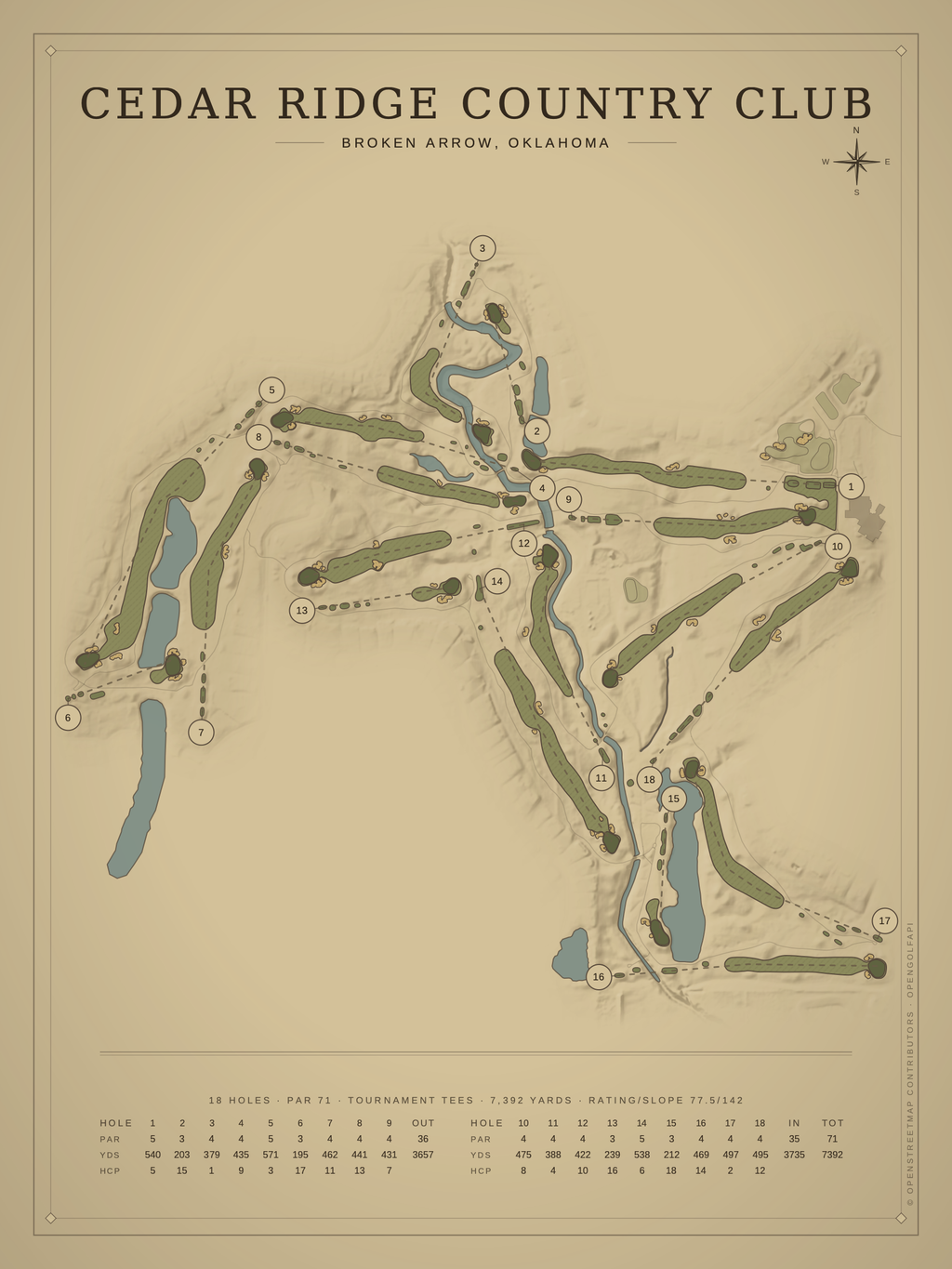 Cedar Ridge Country Club course map poster, Vintage style, 12×16 / 18×24