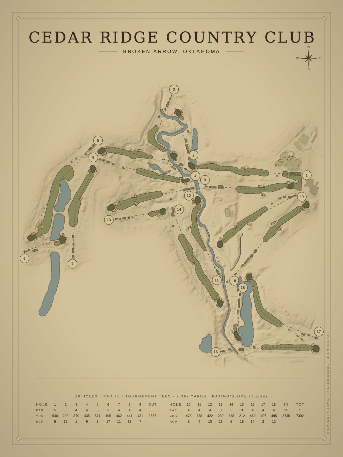 Cedar Ridge Country Club course map poster, Vintage style, 12×16 / 18×24