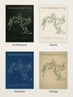 Cedar Ridge Country Club course map poster in four styles: Architectural, Classic, Blueprint and Vintage