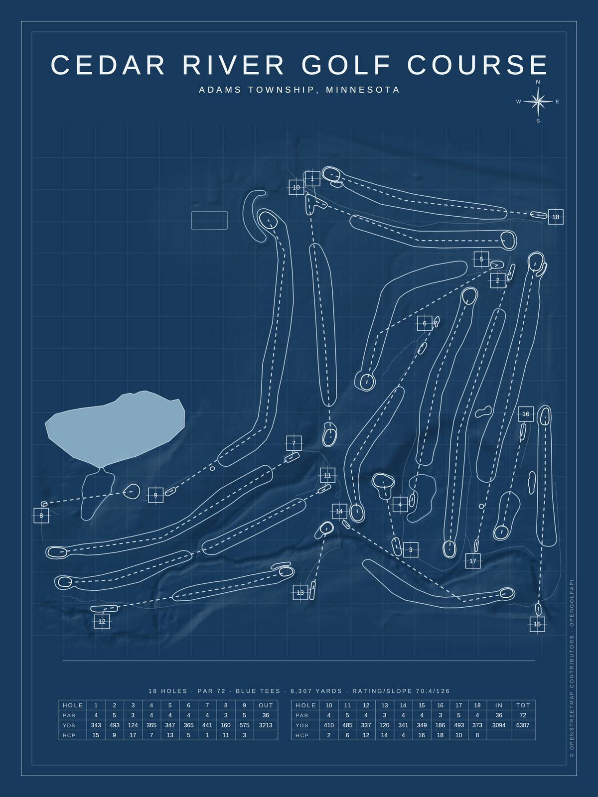 Cedar River Golf Course map poster, Blueprint style, 12×16 / 18×24