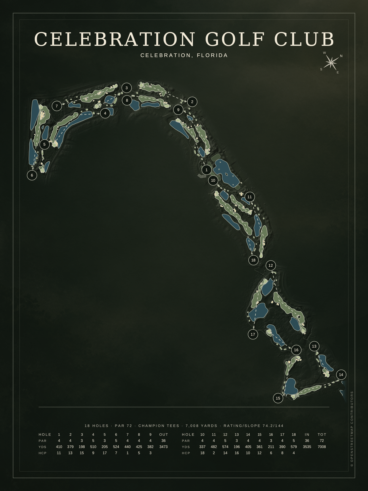 Celebration Golf Club course map poster, Architectural style, 12×16 / 18×24