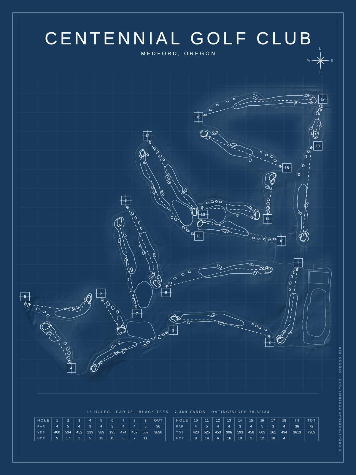 Centennial Golf Club course map poster, Blueprint style, 12×16 / 18×24