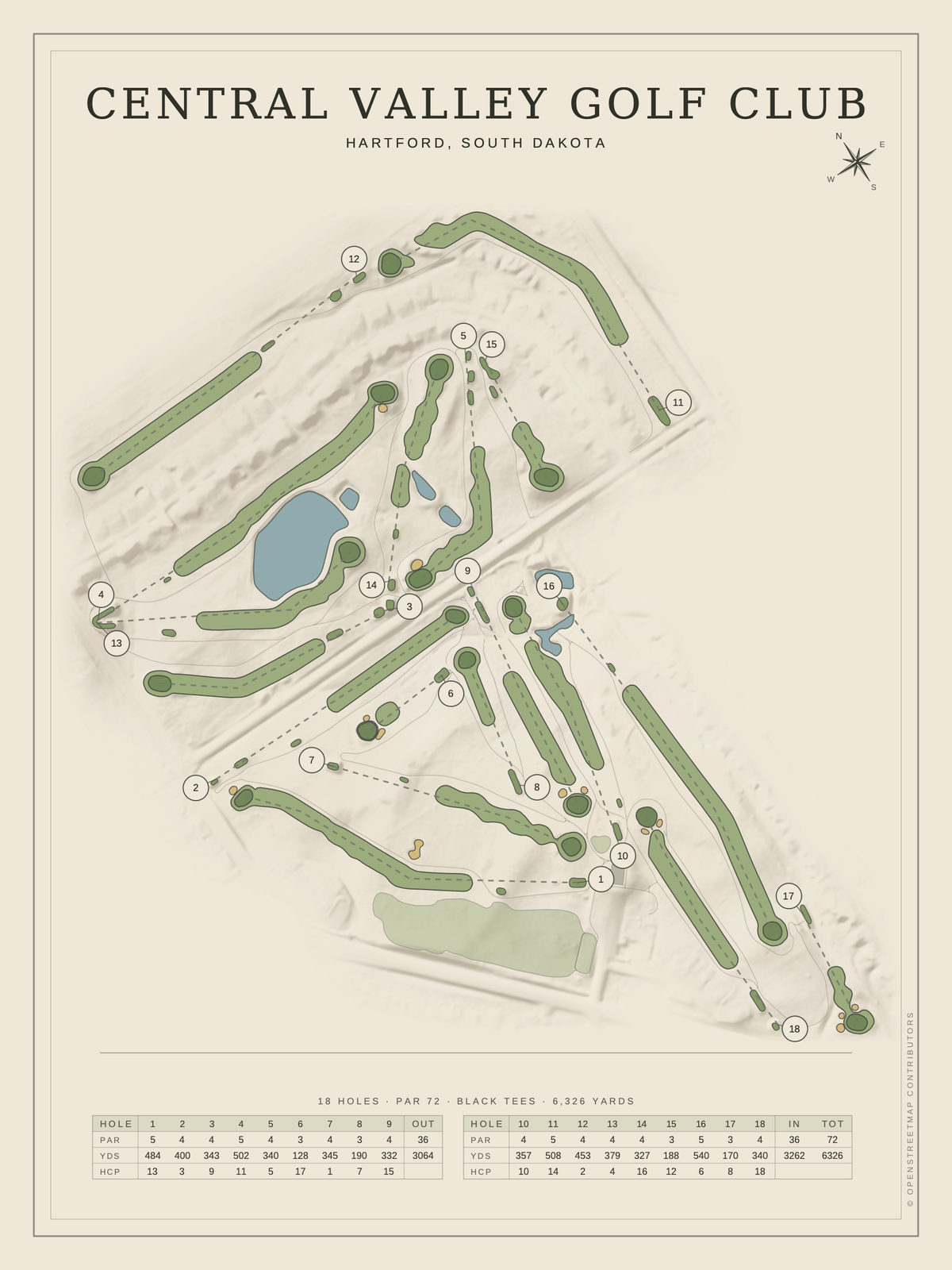 Central Valley Golf Club course map poster, Classic style, 12×16 / 18×24