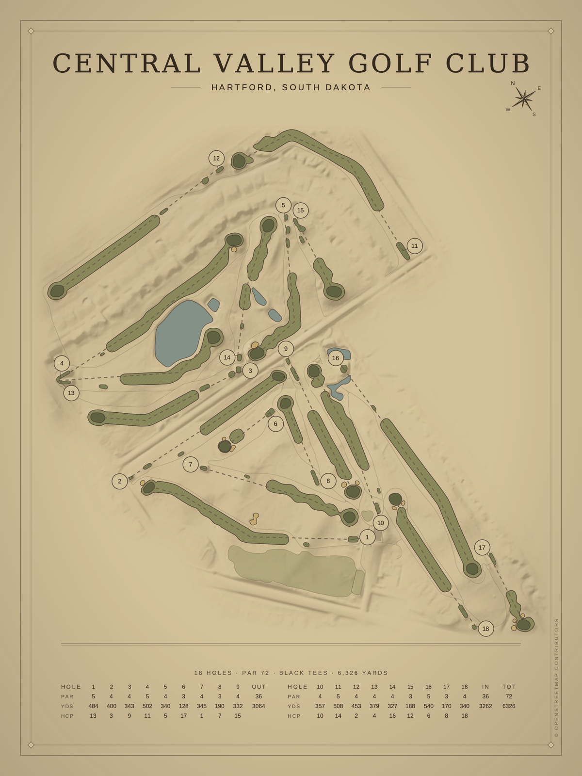 Central Valley Golf Club course map poster, Vintage style, 12×16 / 18×24
