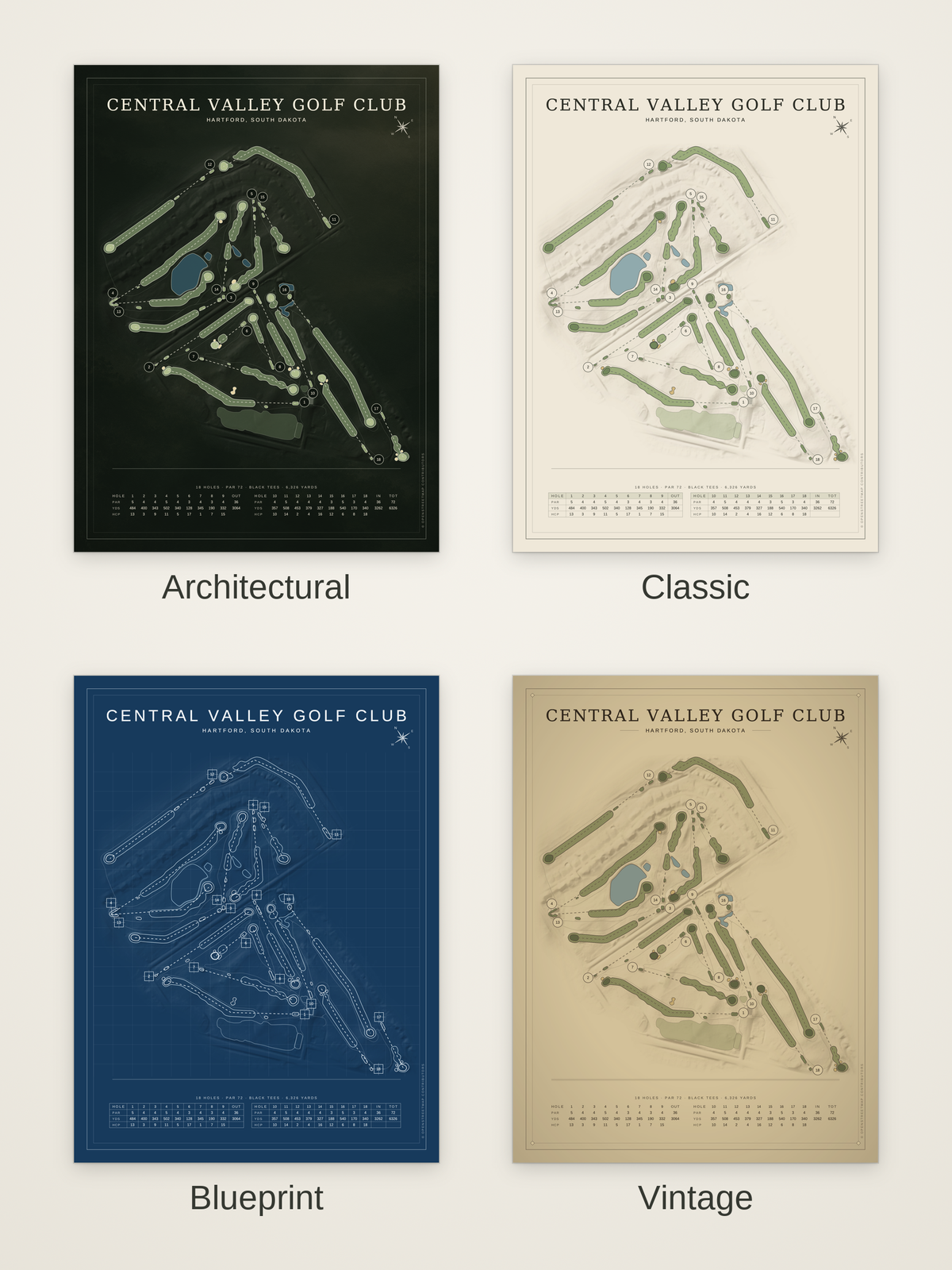 Central Valley Golf Club course map poster in four styles: Architectural, Classic, Blueprint and Vintage