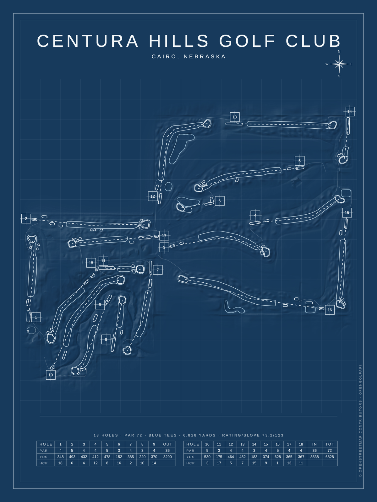 Centura Hills Golf Club course map poster, Blueprint style, 12×16 / 18×24
