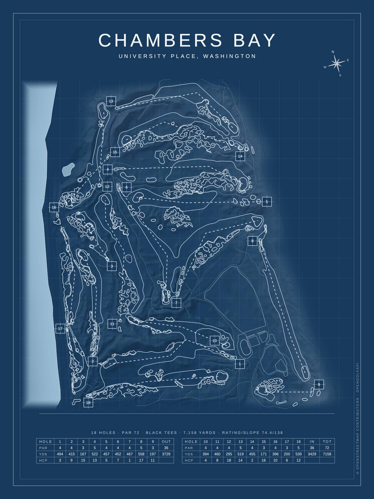 Chambers Bay course map poster, Blueprint style, 12×16 / 18×24