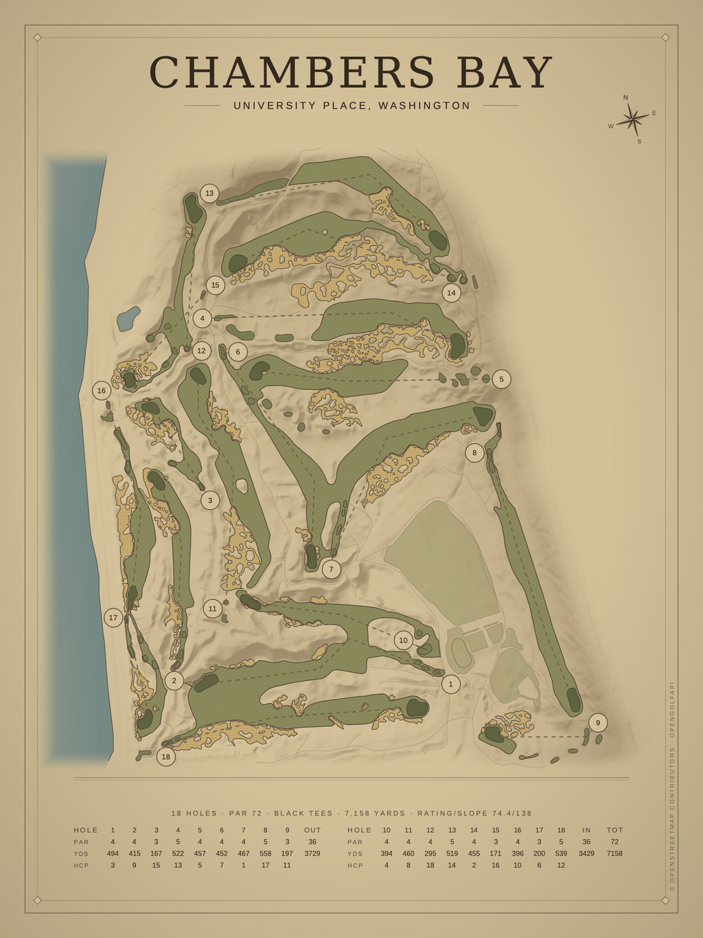 Chambers Bay course map poster, Vintage style, 12×16 / 18×24