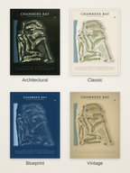 Chambers Bay course map poster in four styles: Architectural, Classic, Blueprint and Vintage