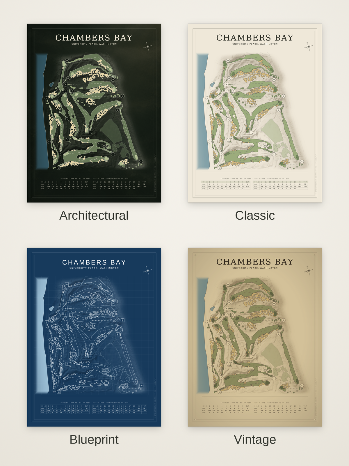 Chambers Bay course map poster in four styles: Architectural, Classic, Blueprint and Vintage