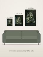 Chambers Bay course map poster in the Architectural style at 12×16, 18×24 and 24×36 inches, shown to scale on a wall above an 84-inch sofa