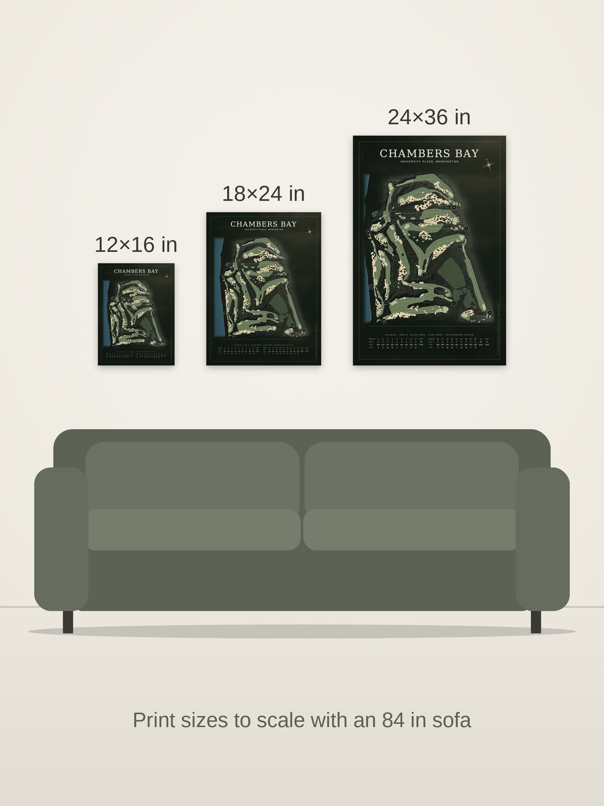 Chambers Bay course map poster in the Architectural style at 12×16, 18×24 and 24×36 inches, shown to scale on a wall above an 84-inch sofa