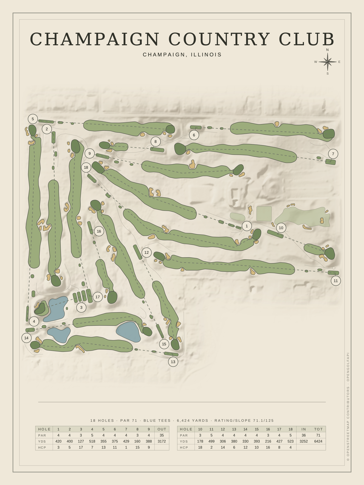 Champaign Country Club course map poster, Classic style, 12×16 / 18×24