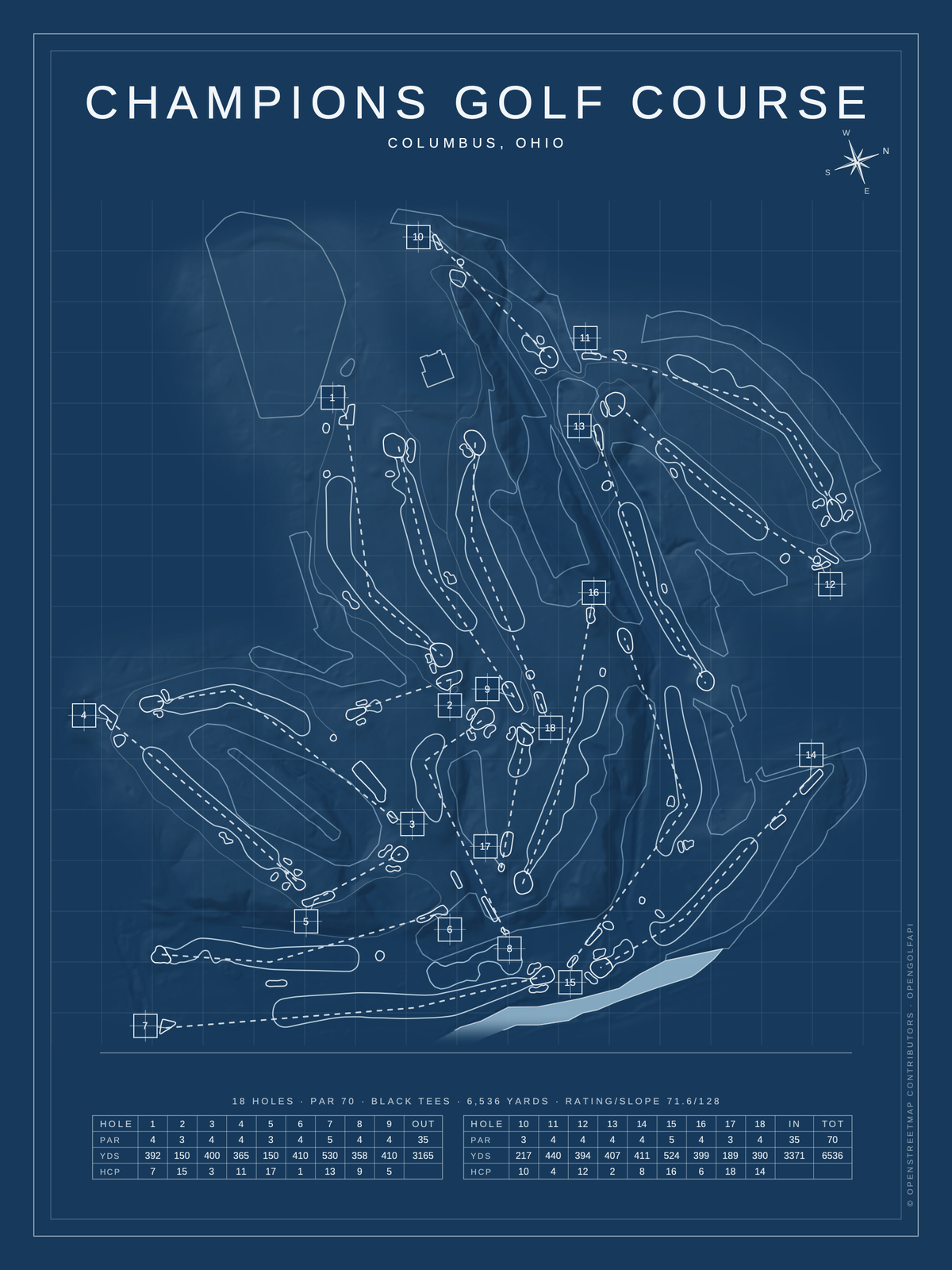 Champions Golf Course map poster, Blueprint style, 12×16 / 18×24