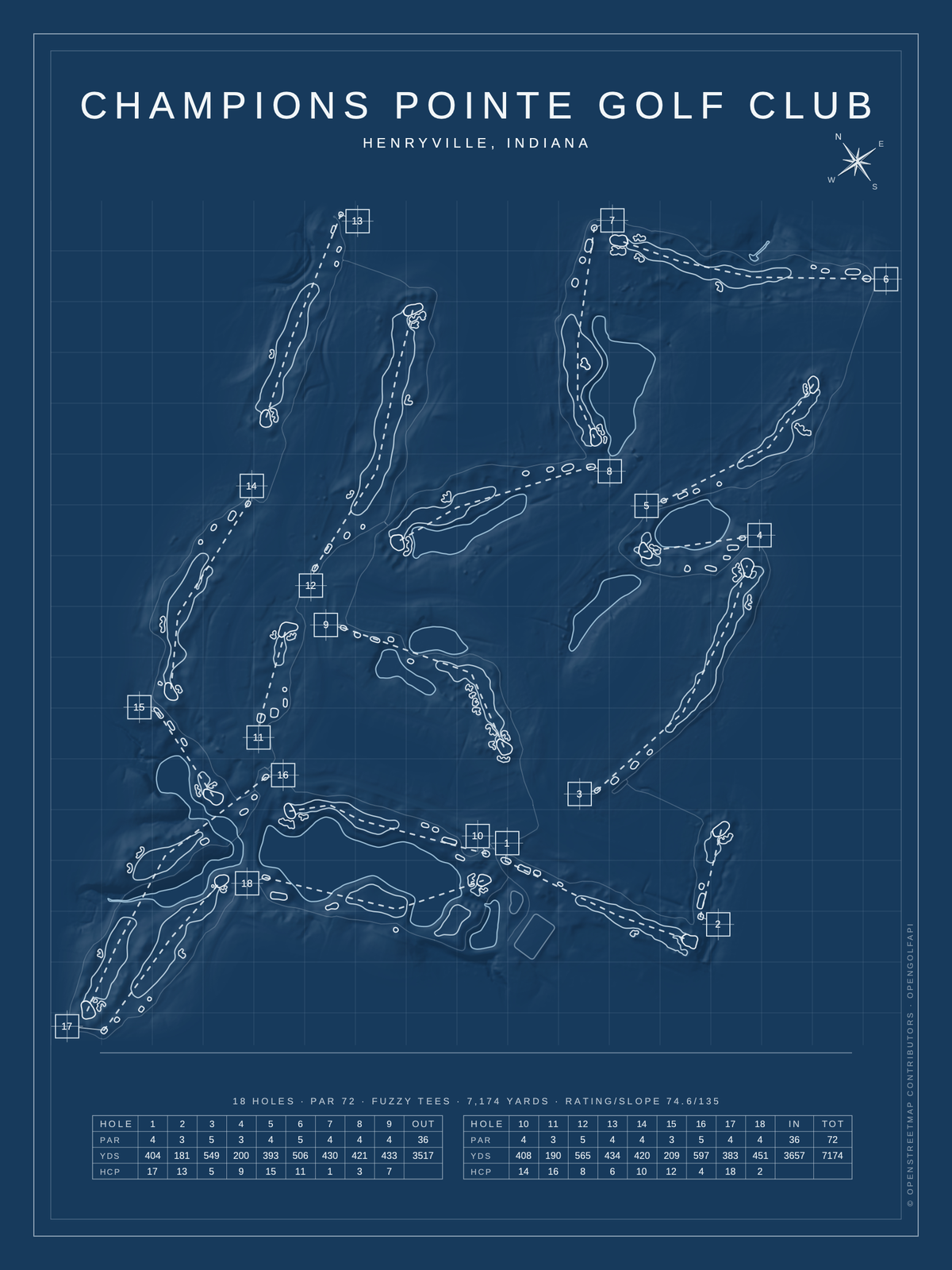 Champions Pointe Golf Club course map poster, Blueprint style, 12×16 / 18×24