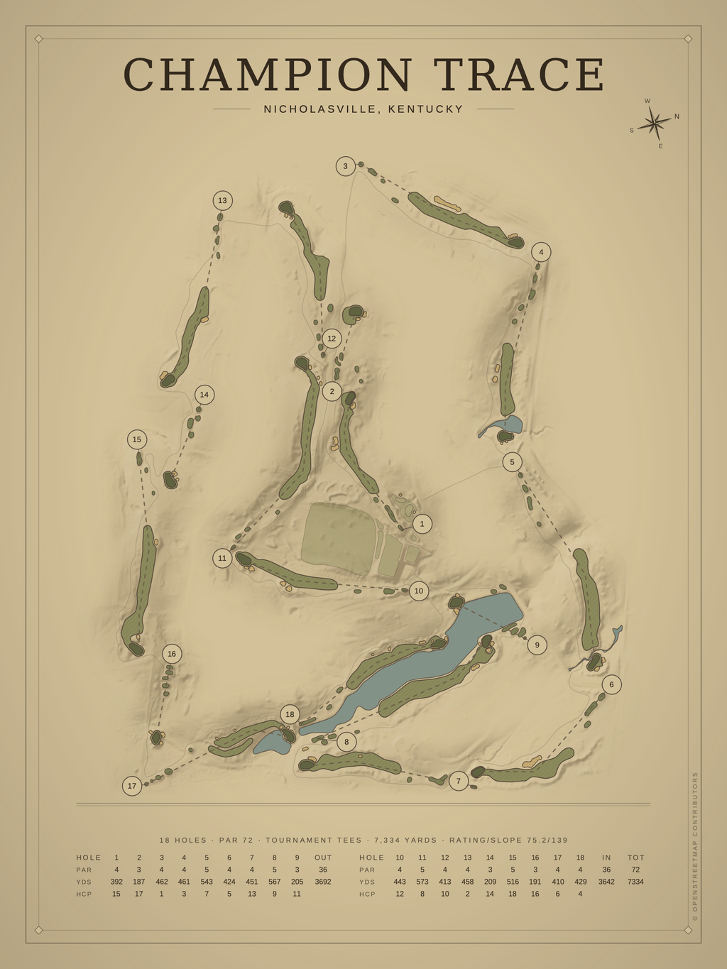 Champion Trace course map poster, Vintage style, 12×16 / 18×24