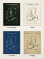 Champion Trace course map poster in four styles: Architectural, Classic, Blueprint and Vintage