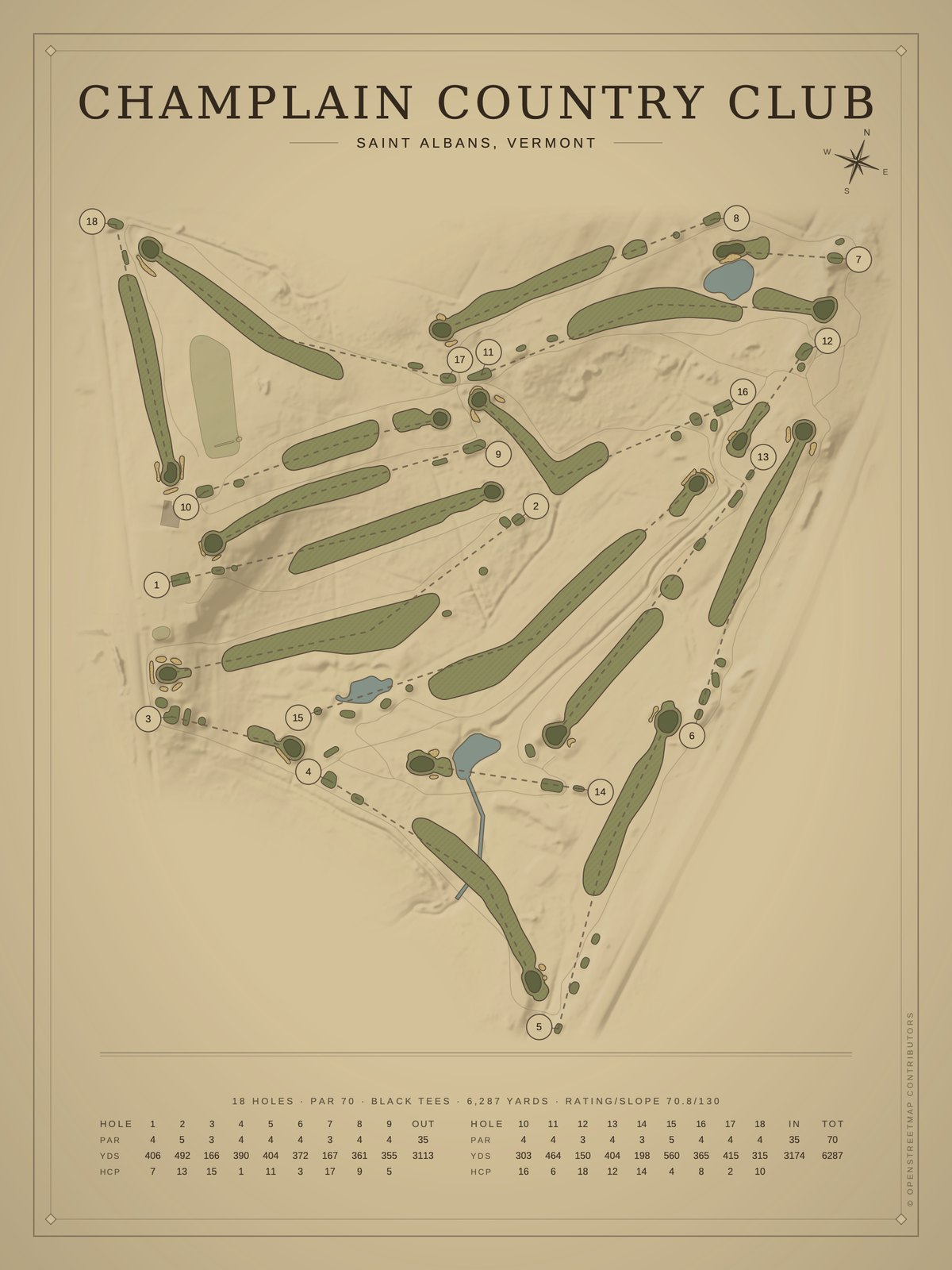 Champlain Country Club course map poster, Vintage style, 12×16 / 18×24