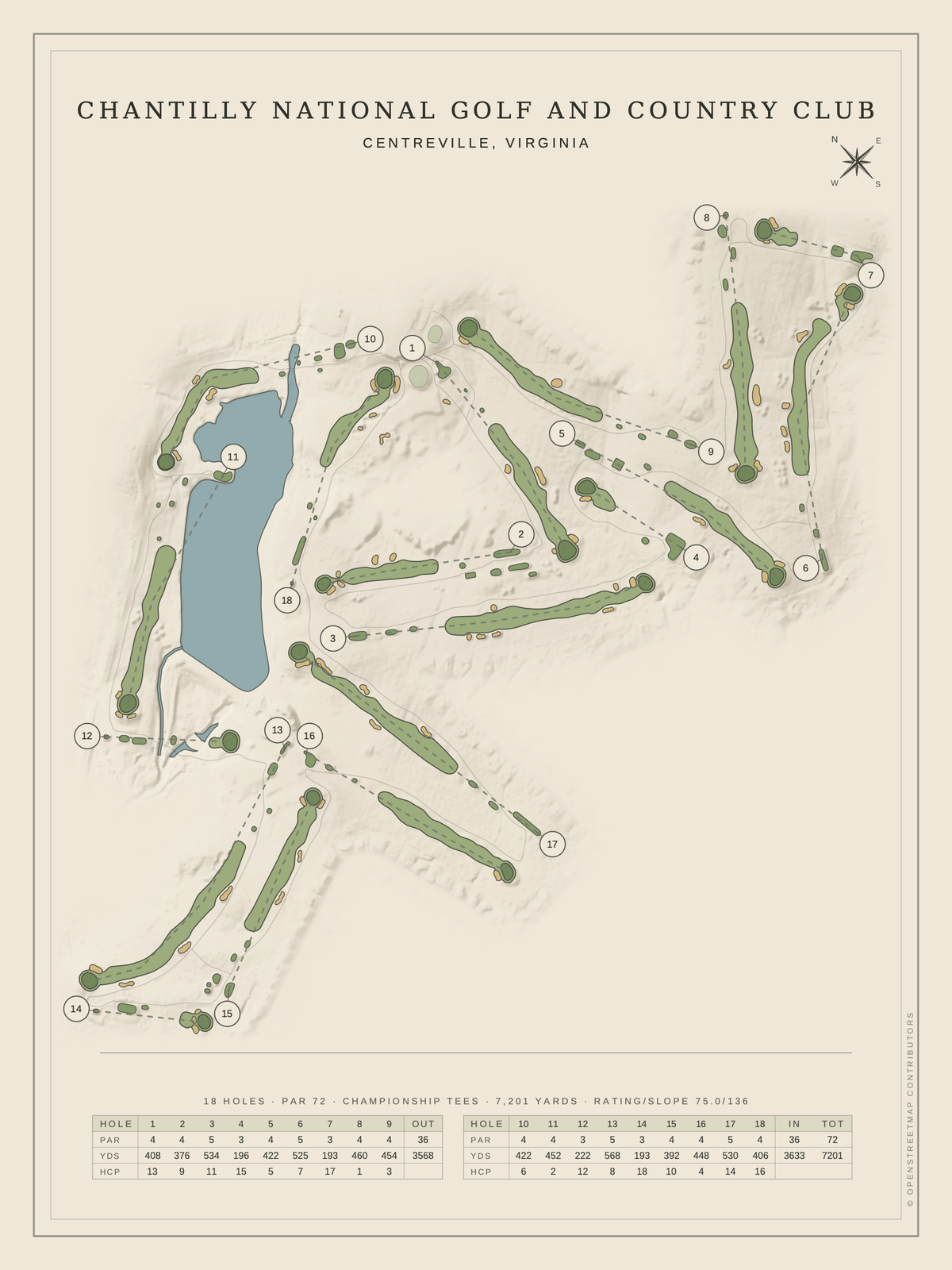 Chantilly National Golf and Country Club course map poster, Classic style, 12×16 / 18×24