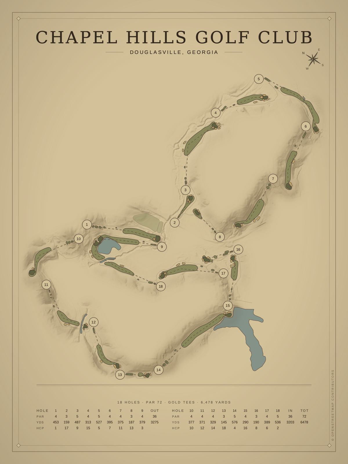 Chapel Hills Golf Club course map poster, Vintage style, 12×16 / 18×24