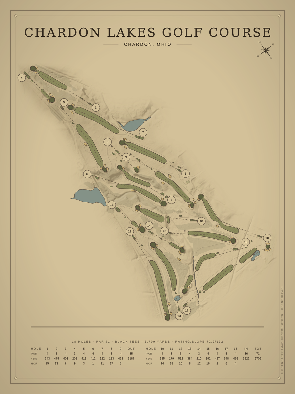 Chardon Lakes Golf Course map poster, Vintage style, 12×16 / 18×24