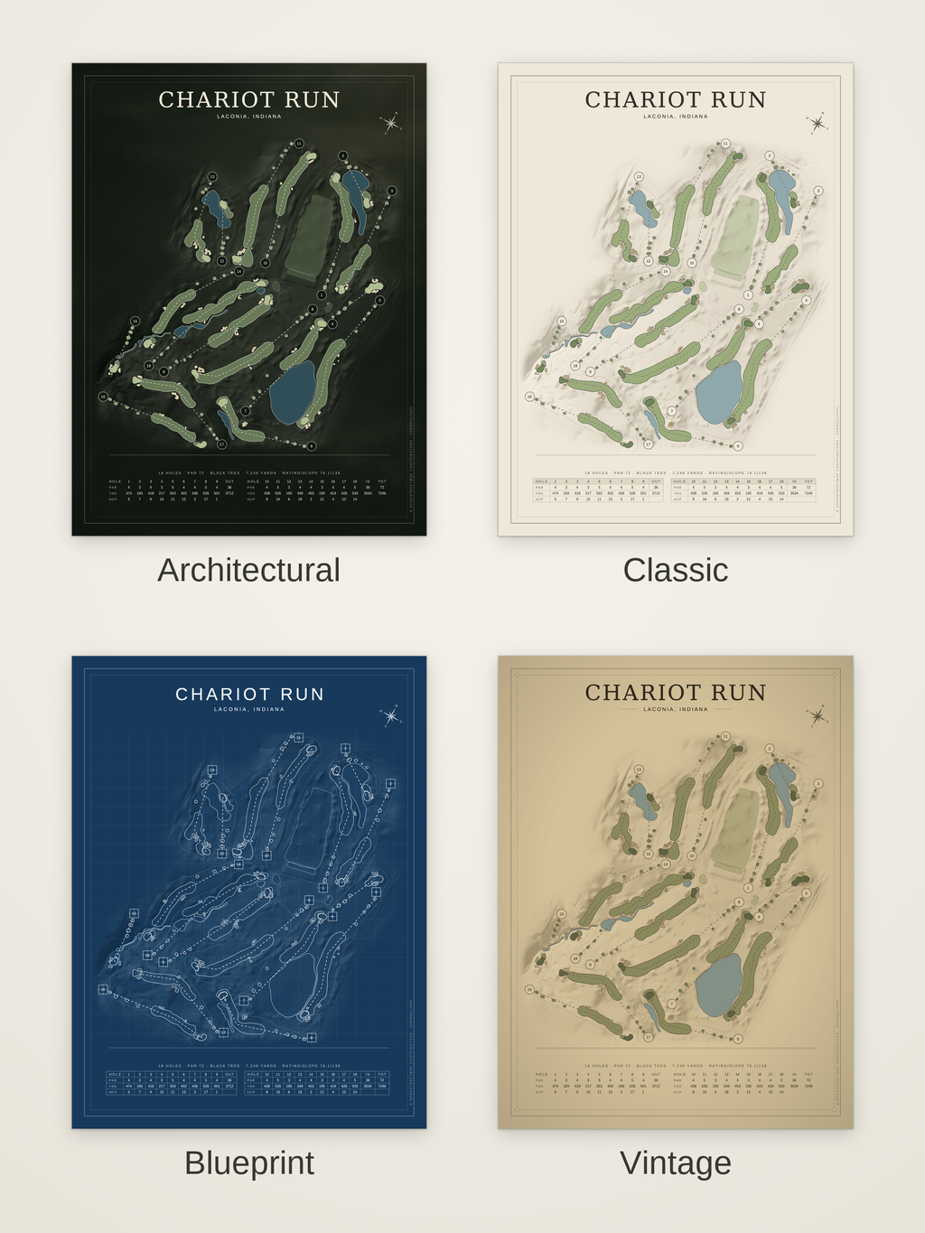Chariot Run course map poster in four styles: Architectural, Classic, Blueprint and Vintage