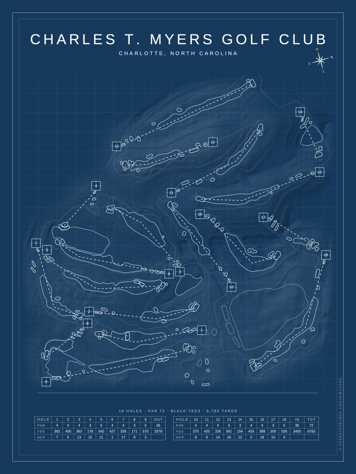 Charles T. Myers Golf Club course map poster, Blueprint style, 12×16 / 18×24