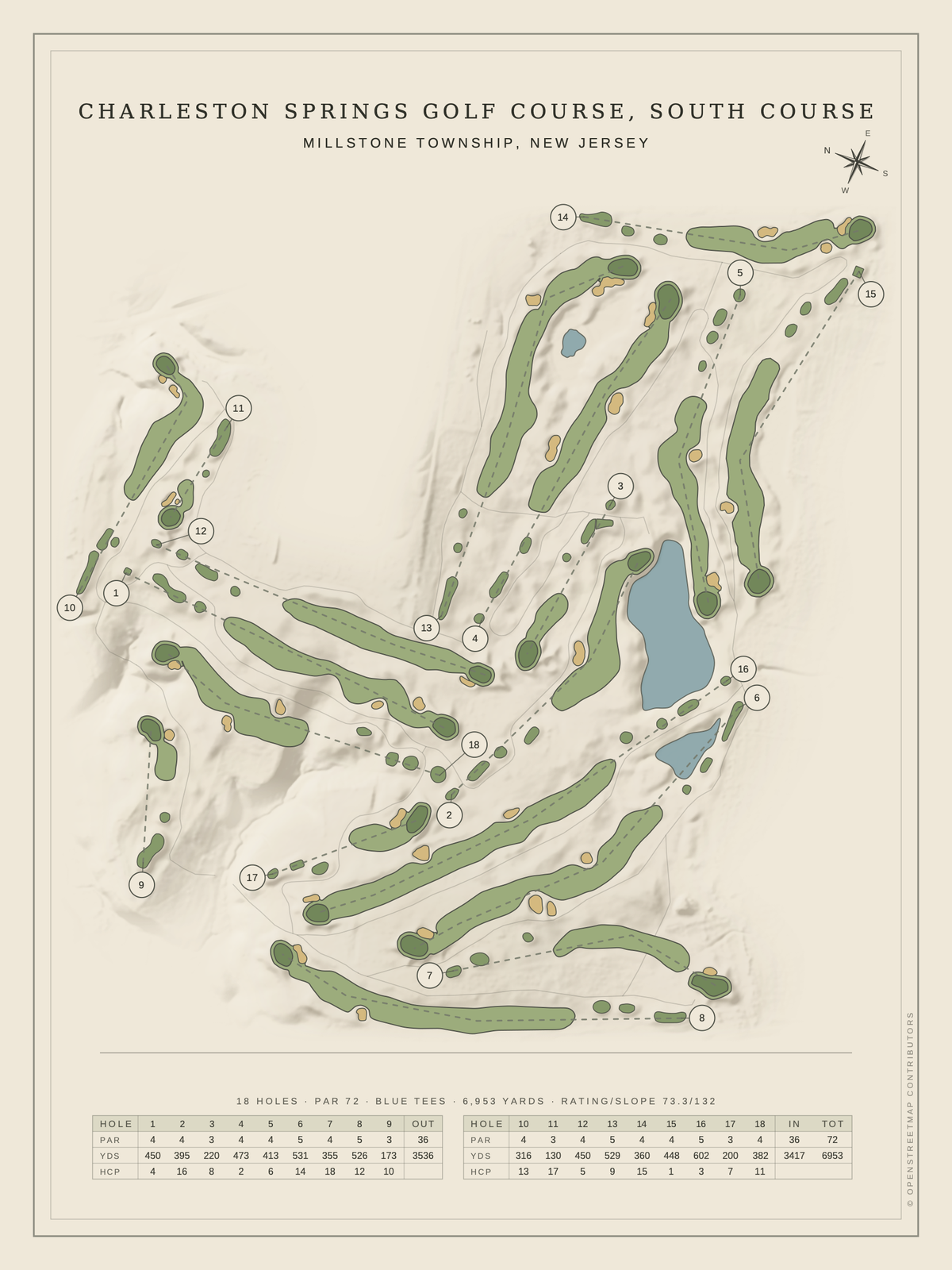 Charleston Springs Golf Course, South Course map poster, Classic style, 12×16 / 18×24
