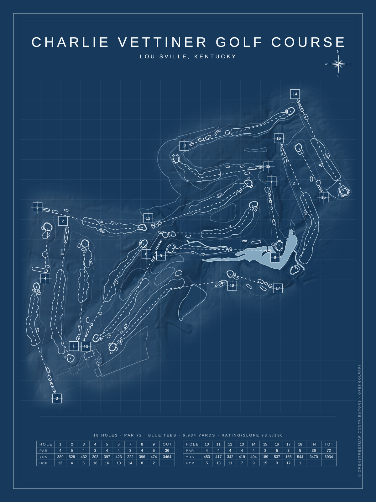 Charlie Vettiner Golf Course map poster, Blueprint style, 12×16 / 18×24