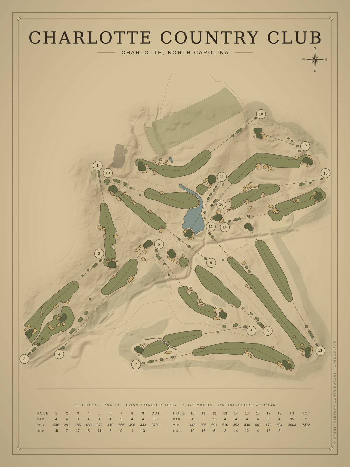 Charlotte Country Club course map poster, Vintage style, 12×16 / 18×24