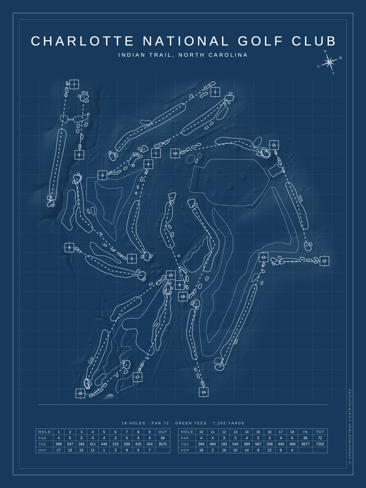 Charlotte National Golf Club course map poster, Blueprint style, 12×16 / 18×24