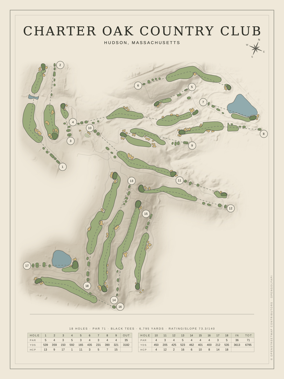 Charter Oak Country Club course map poster, Classic style, 12×16 / 18×24