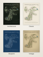 Charter Oak Country Club course map poster in four styles: Architectural, Classic, Blueprint and Vintage