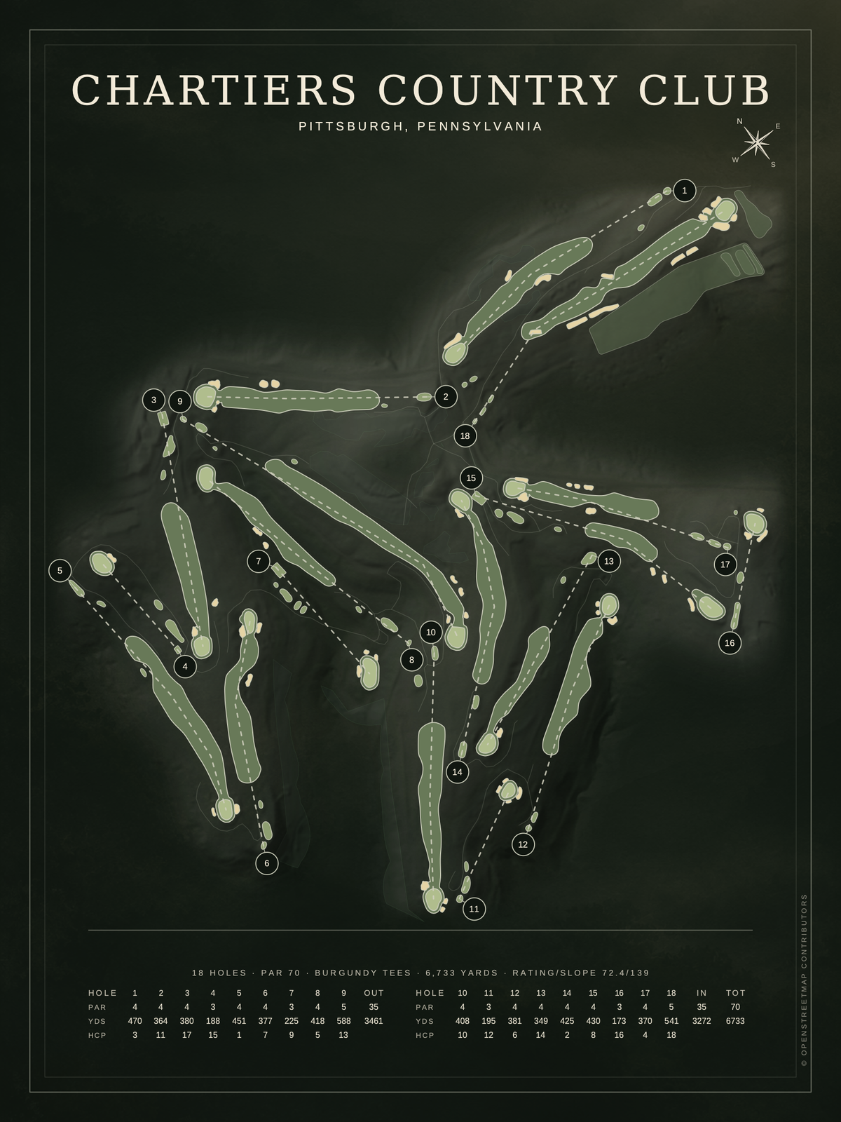 Chartiers Country Club course map poster, Architectural style, 12×16 / 18×24