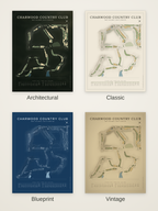 Charwood Country Club course map poster in four styles: Architectural, Classic, Blueprint and Vintage