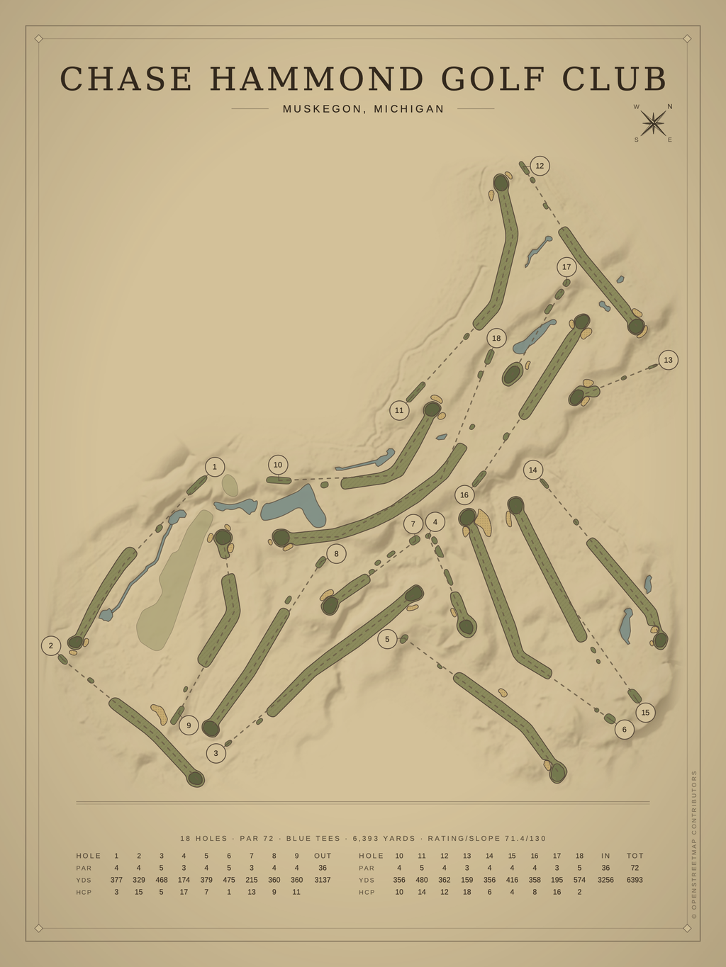 Chase Hammond Golf Club course map poster, Vintage style, 12×16 / 18×24