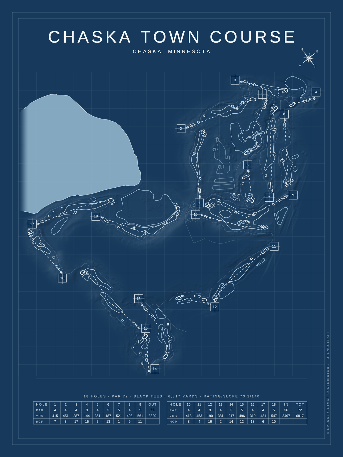 Chaska Town Course map poster, Blueprint style, 12×16 / 18×24