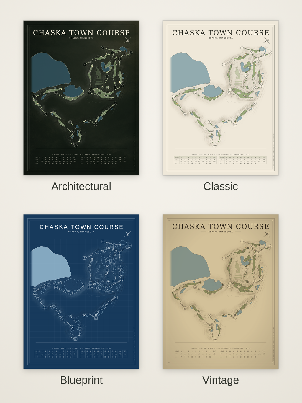 Chaska Town Course map poster in four styles: Architectural, Classic, Blueprint and Vintage