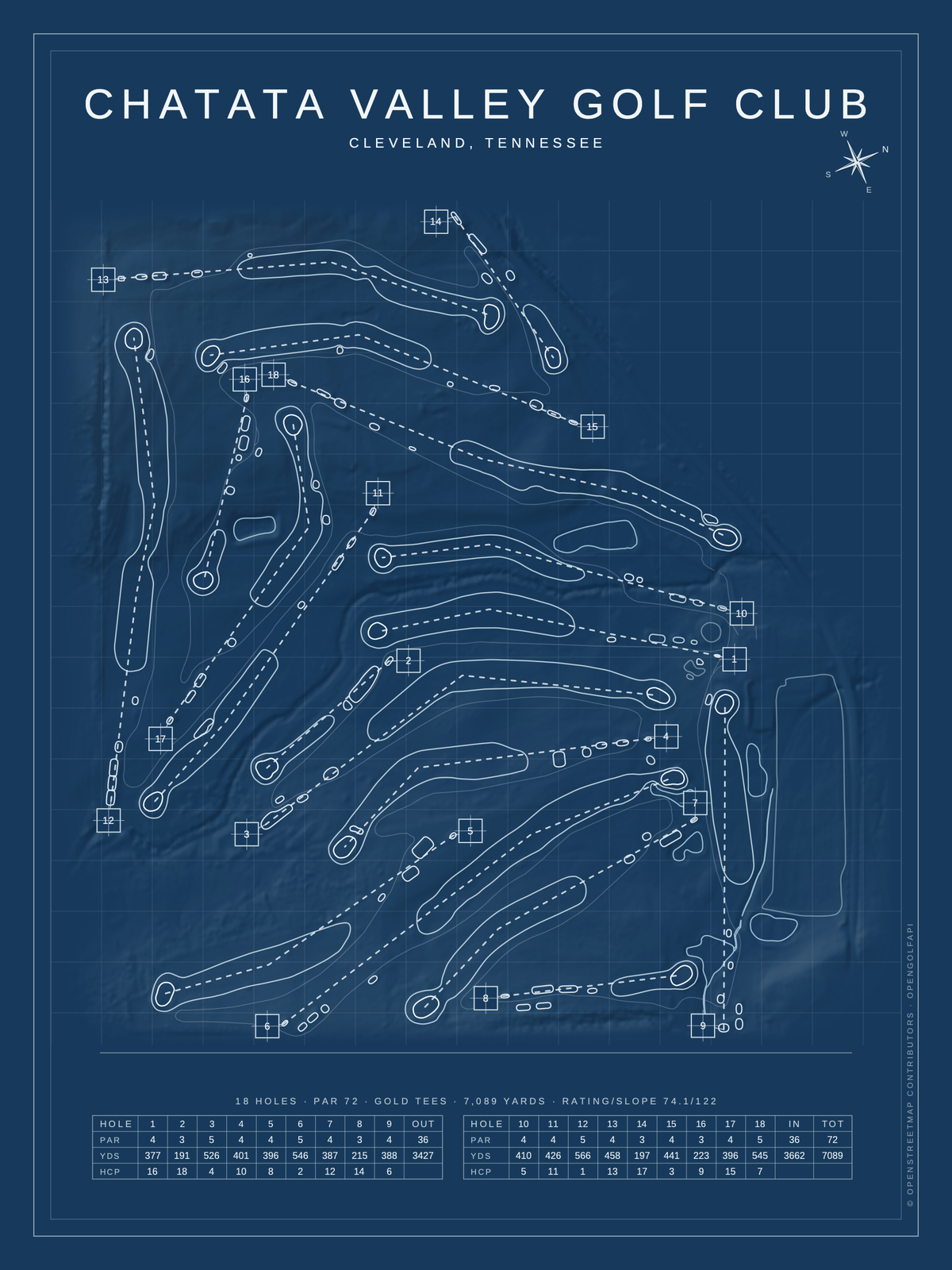 Chatata Valley Golf Club course map poster, Blueprint style, 12×16 / 18×24