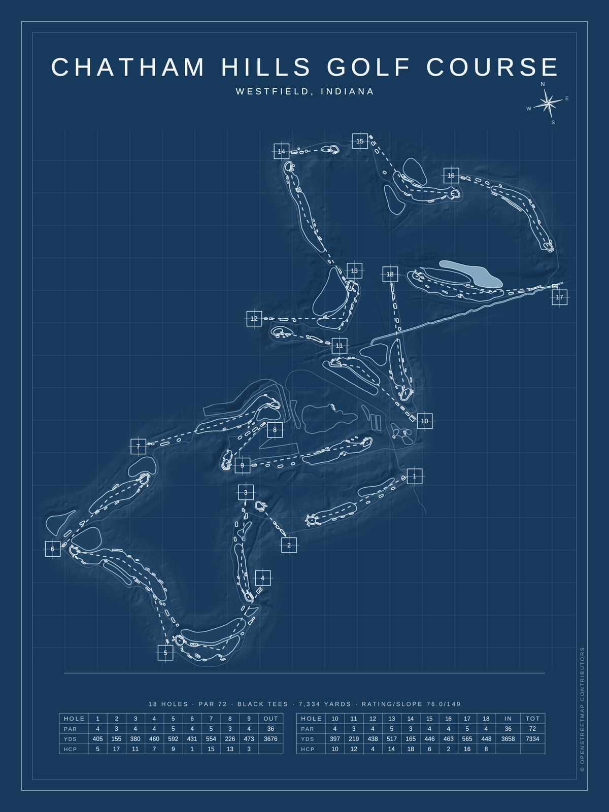 Chatham Hills Golf Course map poster, Blueprint style, 12×16 / 18×24