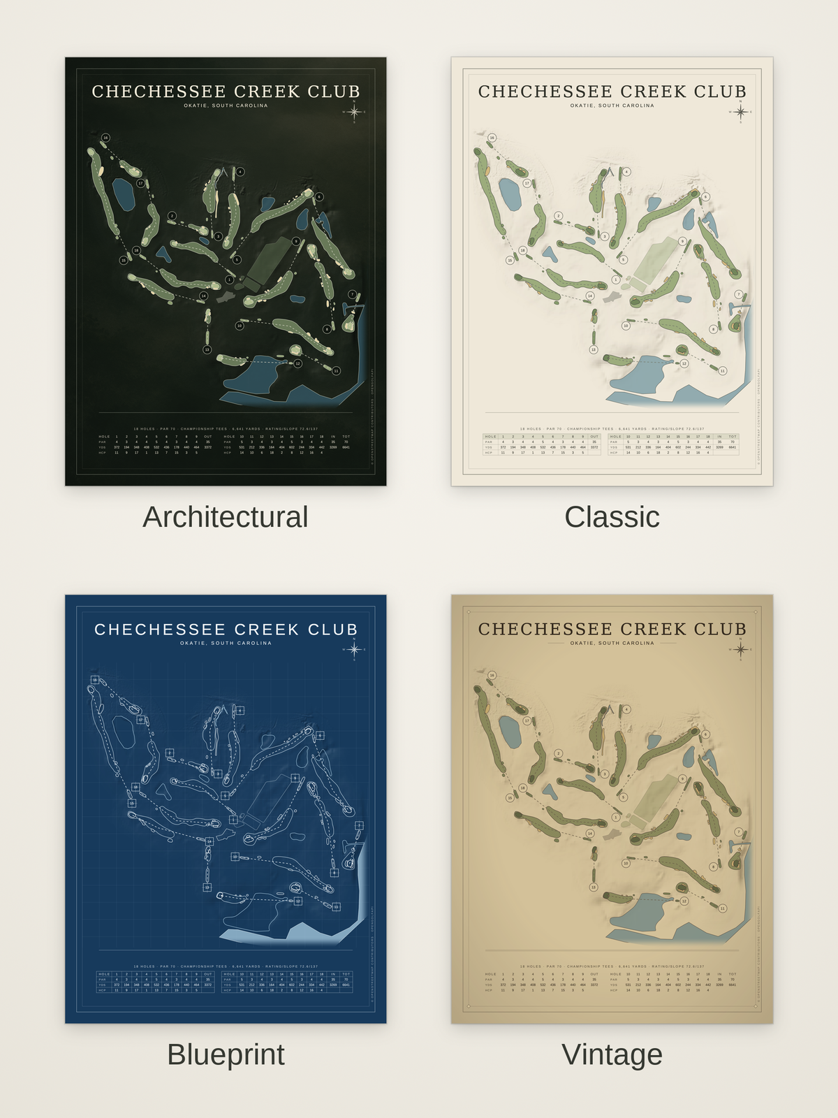 Chechessee Creek Club course map poster in four styles: Architectural, Classic, Blueprint and Vintage