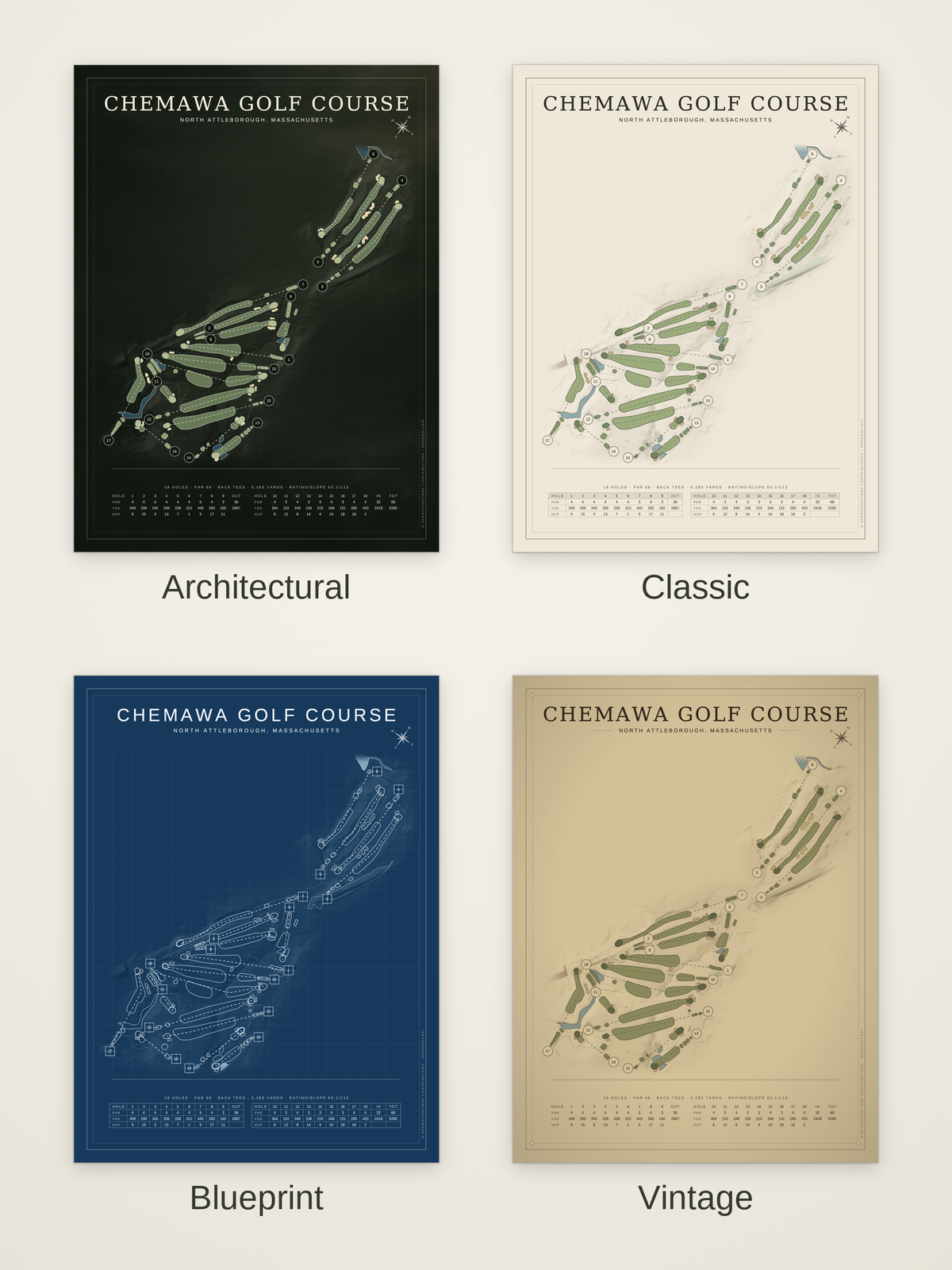 Chemawa Golf Course map poster in four styles: Architectural, Classic, Blueprint and Vintage