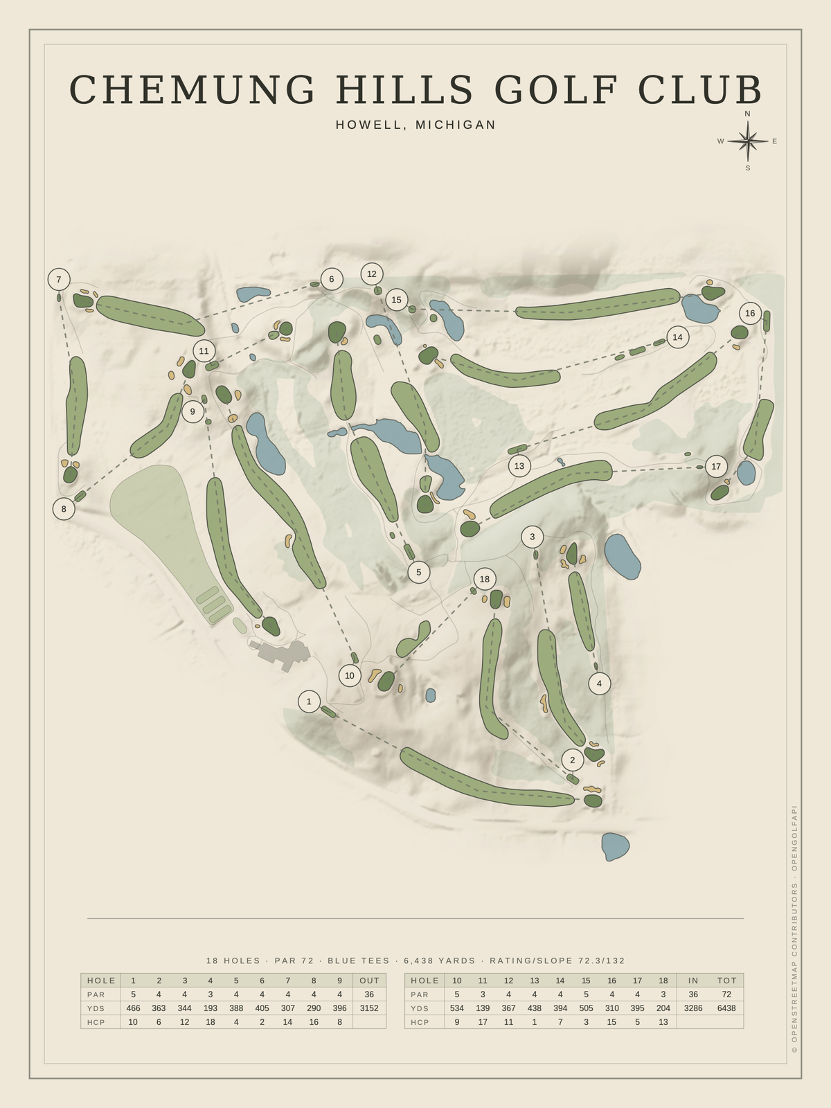 Chemung Hills Golf Club course map poster, Classic style, 12×16 / 18×24