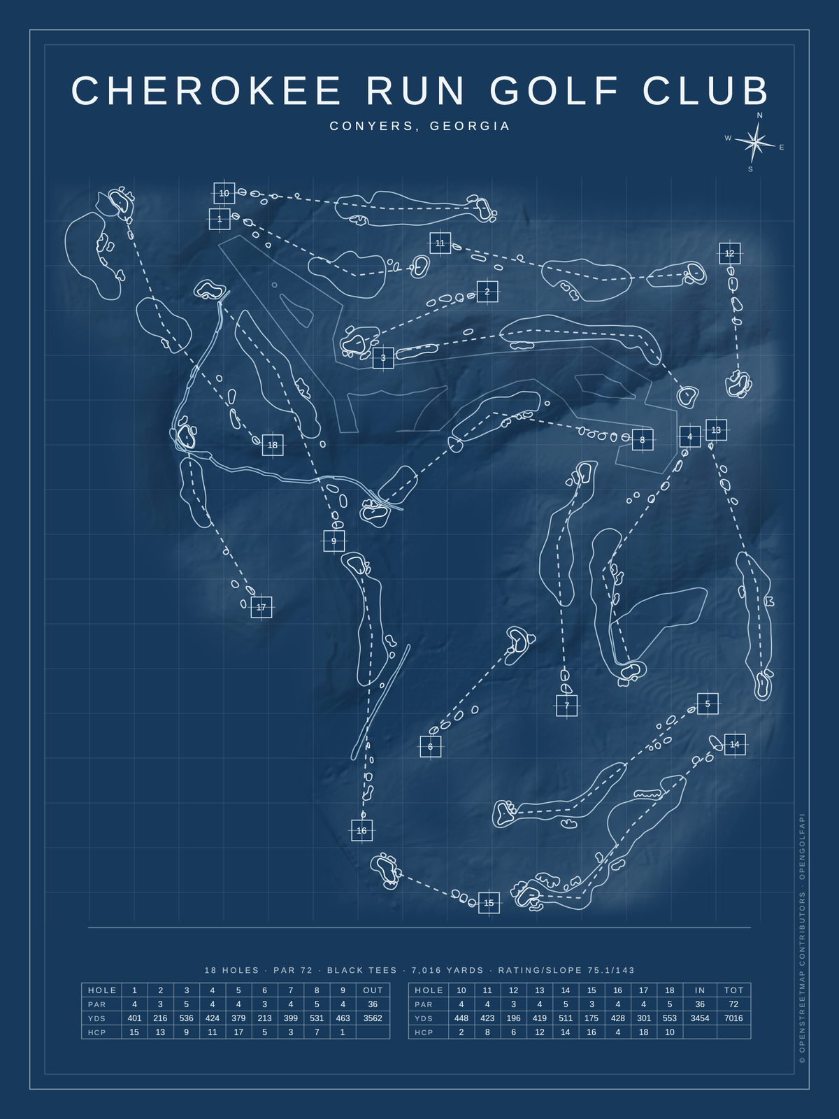 Cherokee Run Golf Club course map poster, Blueprint style, 12×16 / 18×24