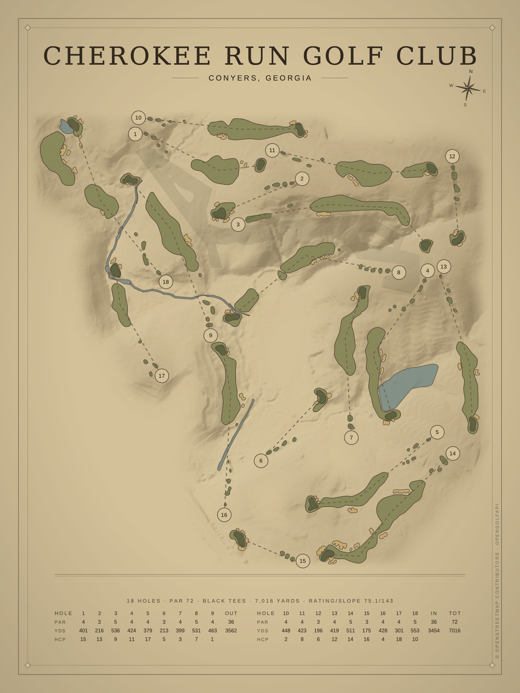 Cherokee Run Golf Club course map poster, Vintage style, 12×16 / 18×24