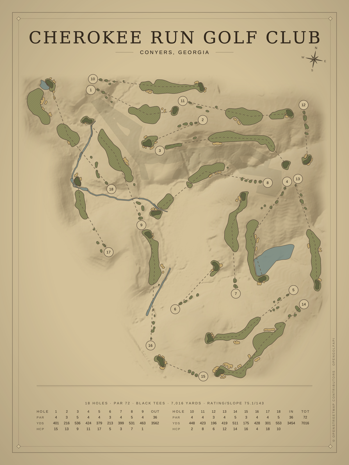 Cherokee Run Golf Club course map poster, Vintage style, 12×16 / 18×24